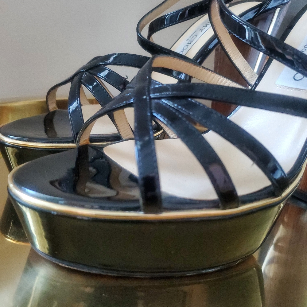 Jimmy Choo Black Patent Leather Platform Sandals with Wood-Effect Heels - Picture 9 of 16